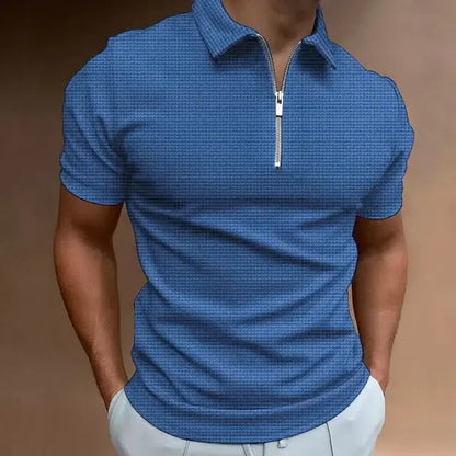 Summer Zipper Waffle Polo Shirt Short Sleeve