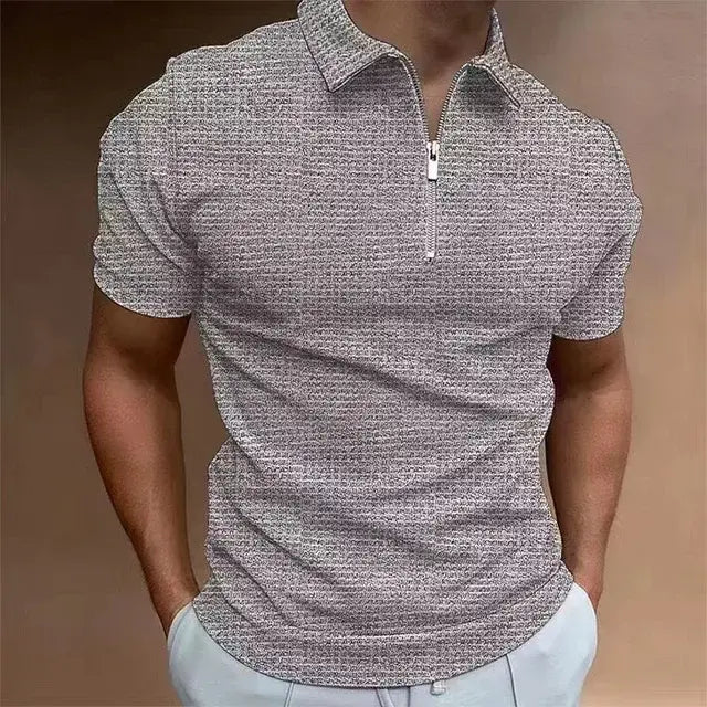 Summer Zipper Waffle Polo Shirt Short Sleeve