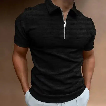 Summer Zipper Waffle Polo Shirt Short Sleeve
