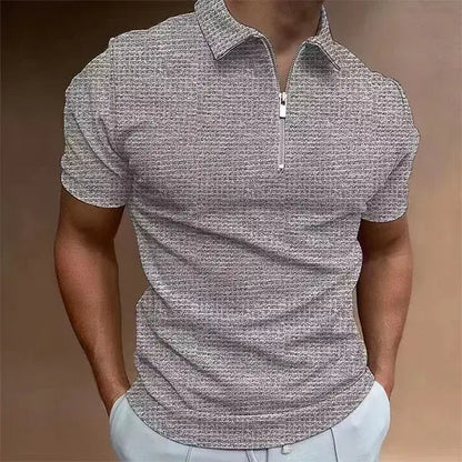 Summer Zipper Waffle Polo Shirt Short Sleeve